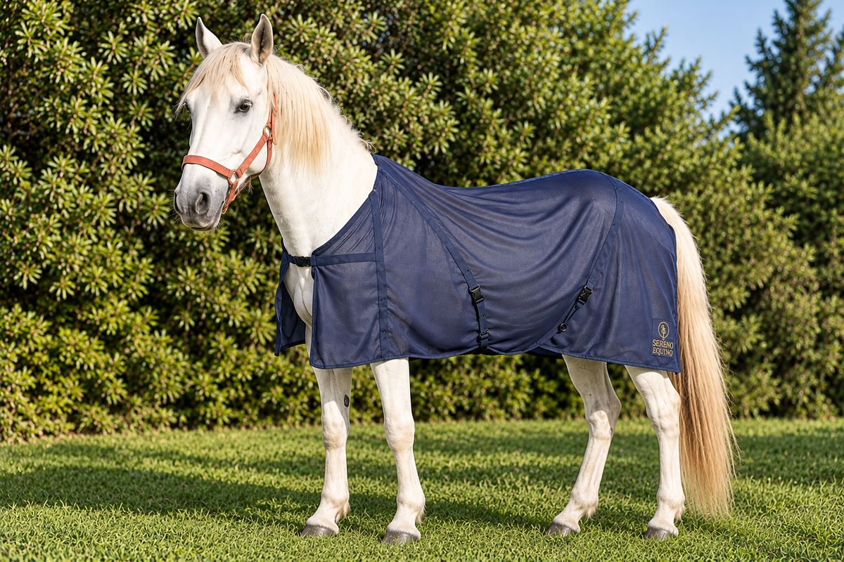 Descalorante Sereno Equino azul oscuro en caballo blanco, vista de tres cuartos