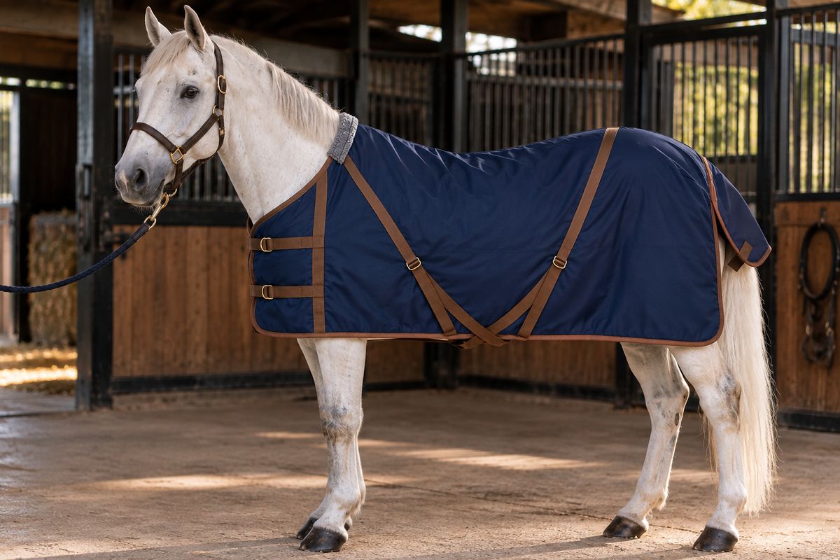 Caballo blanco con manta Sereno Equino azul oscuro y reatas café